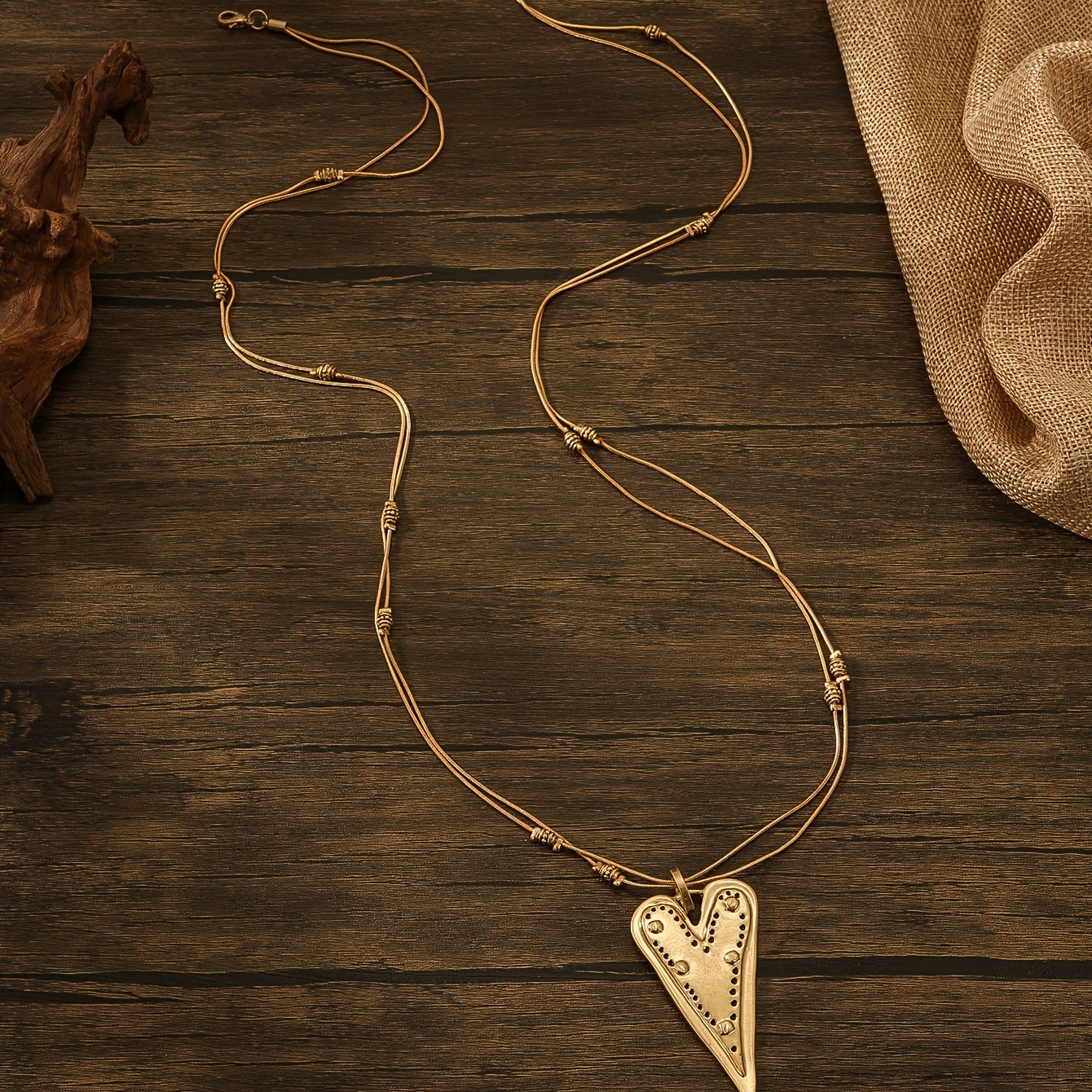 Bohemian Vintage Heart Pendant Necklace, Double Chains